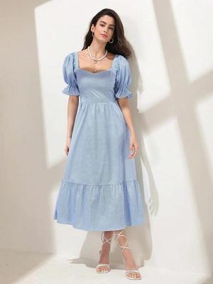 שמלת מקסי/ארוכה לנשים, בגזרה מתרחבת, בצבע תכלת