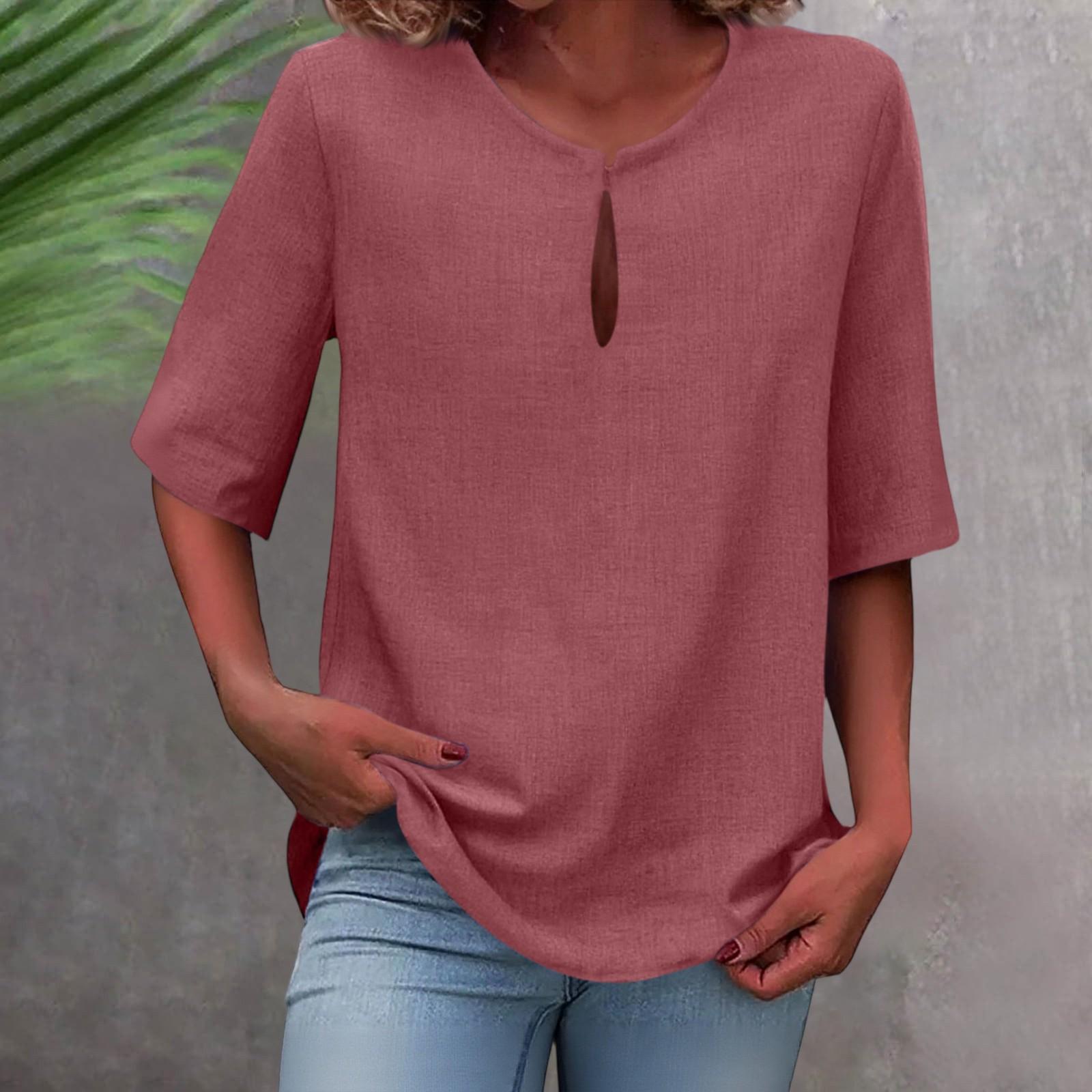 

Женская однотонная хлопково-льняная рубашка большого размера с v-образным вырезом и средним рукавом M красный