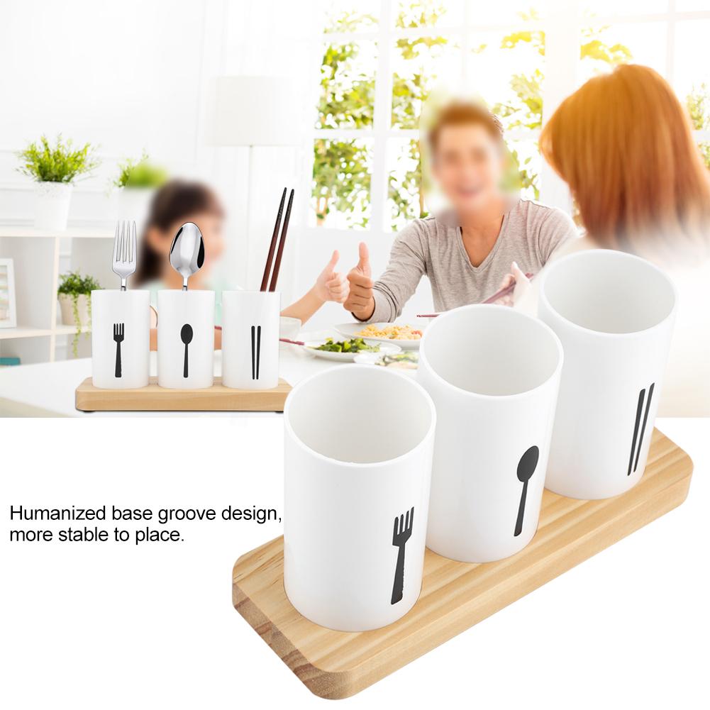 Oak Wooden Base Chopsticks Holder Cutlery Storage Box Drain Rack Knife   with Three Compartments, Stable   Design for Kitchen Draining an