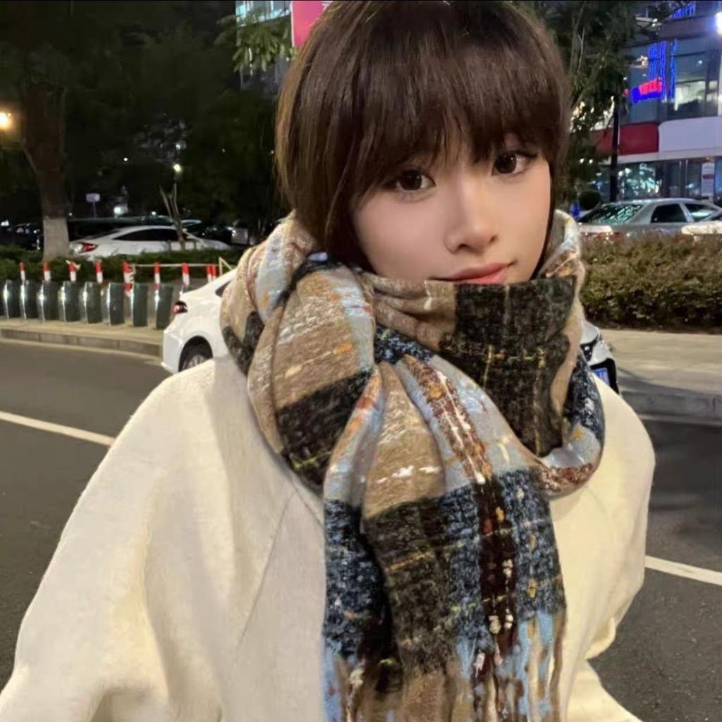 Tassel Retro Contrast Plaid Scarf Women's Niche Winter Korean Versatile Warm Scarf Student Imitation Cashmere Shawl