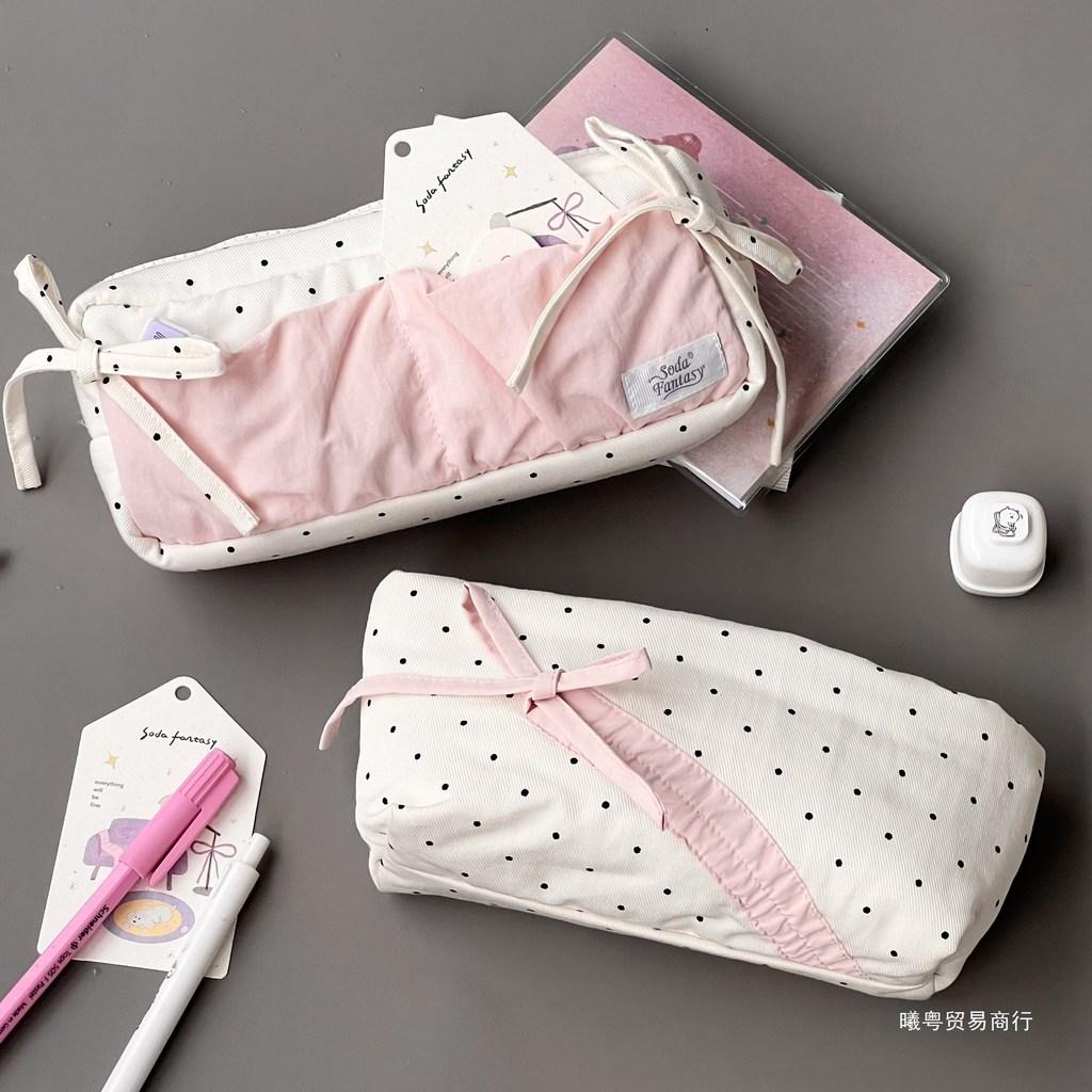 Minimalist Polka Dot Pencil Case With Large Capacity For Students And Makeup Storage