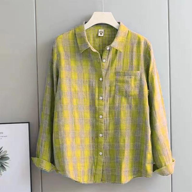 

Рубашка с длинными рукавами из двухслойной хлопковой ткани весна-осень, женская, высококачественная, клетчатая, свободного кроя, утягивающая, против старения 4XL