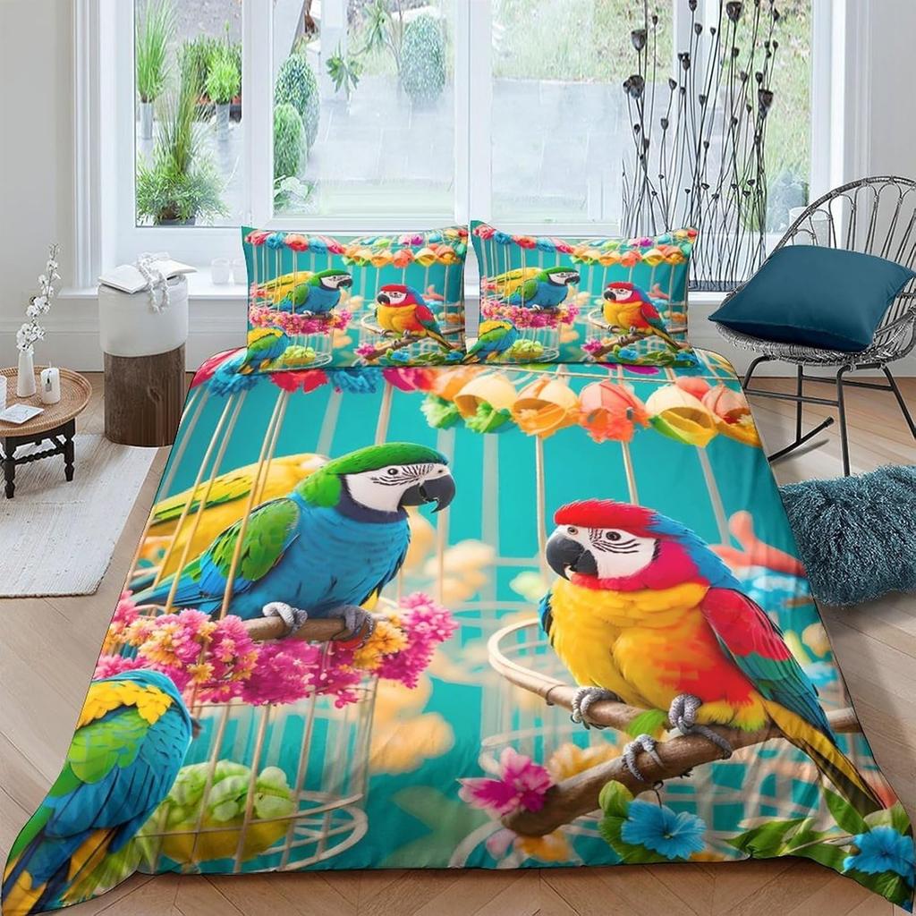3D Design Printed 3PCs Bedding Set Blue Parrot Comforter Cover Home Decor Hidden Zipper, Soft Breathable for Teens,Boys,Girls