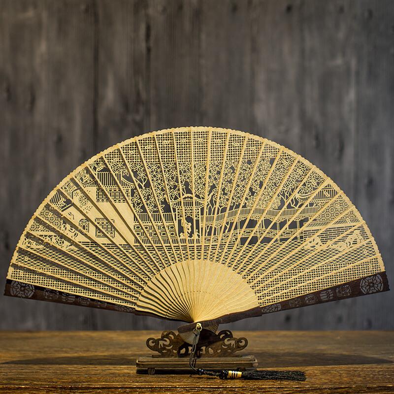 Chinese Sandalwood Fan - 7-inch Burmese Incense Wood Hollowed-out Carved Folding Fan, Chinese-style Gift Fan