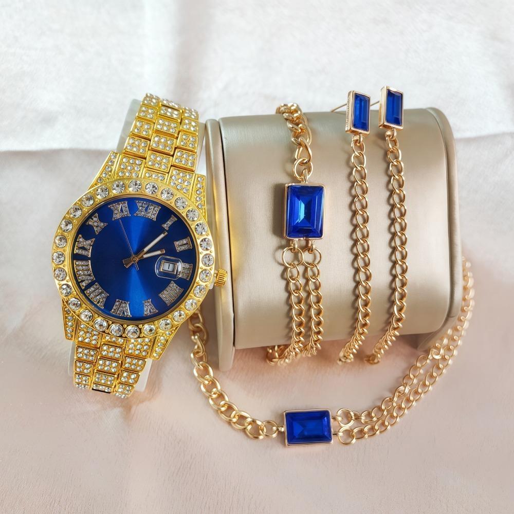 Men's Hip Hop Trendy Fashion Large Dial Diamond Cuban Chain Watch Set