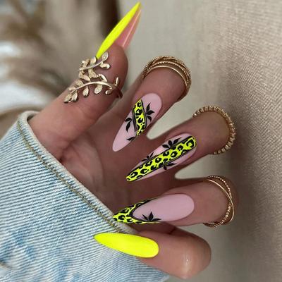 Long Pointed European and American Leopard Print Matte Bright Yellow Fake Nails Ins Wind Wearing Armor