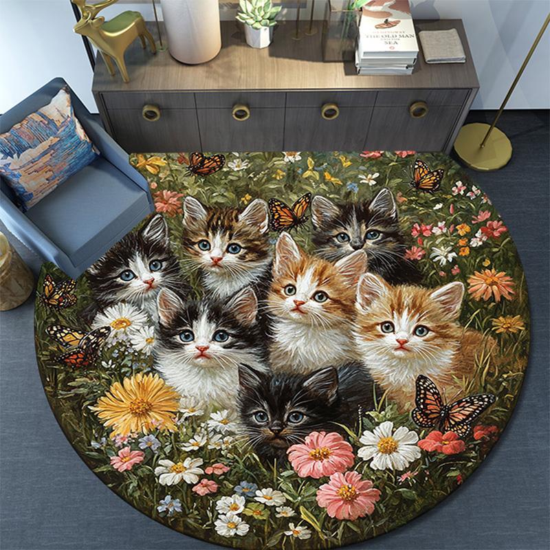 Kittens in Flowers Round Area Rug,Carpet Rug for Living Room Bedroom Sofa Playroom Decor,Non-slip Floor Mat