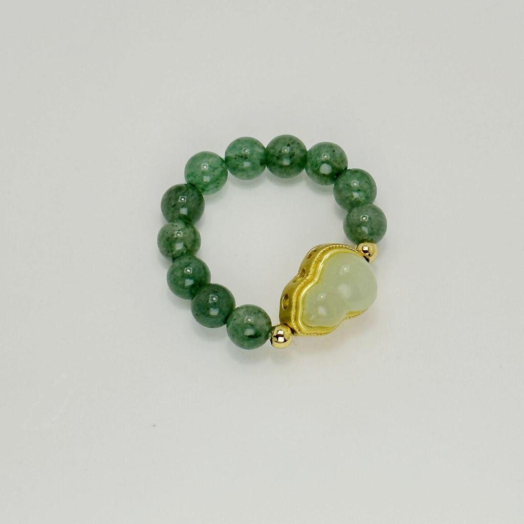 Natural Green Water Agate Beaded Ring - Elastic Cord, Crystal Stone, Niche Chinese Style