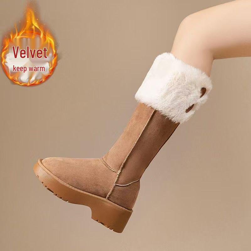 

Женские зимние ботфорты 2025 года, толстые плюшевые, на бархатной подкладке, два способа носки, нескользящие, с длинным голенищем 37