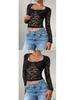 Spring/Summer European-American Sexy Slim Fit Hollow Out Long Sleeve Lace Top