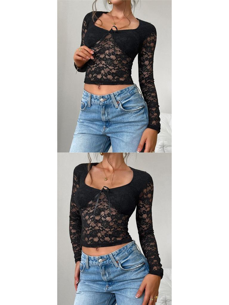 Spring/Summer European-American Sexy Slim Fit Hollow Out Long Sleeve Lace Top
