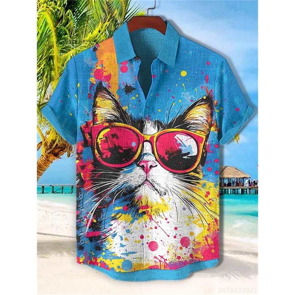 Men s Short-sleeved Shirt, Summer Hawaiian Style, Funny Cat Riding a Shark Print Casual Top, Trendy Beach Hawaiian Shirt S