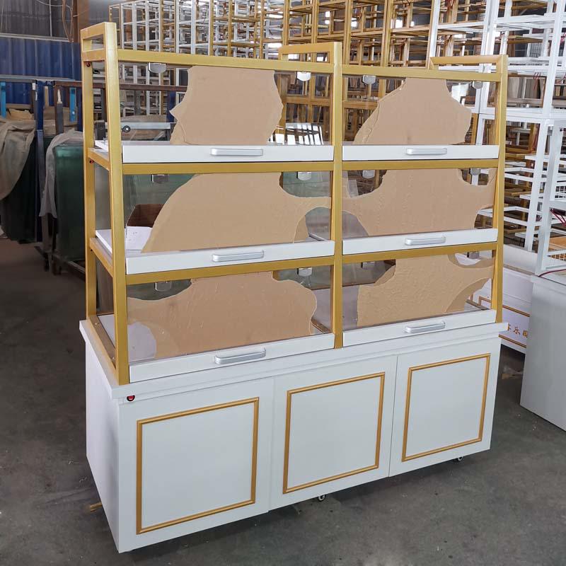 In-Stock Bakery Display Cabinet: Solid Wood & Wrought Iron Island with Drawers for Bread, Pastries, and Fried Goods