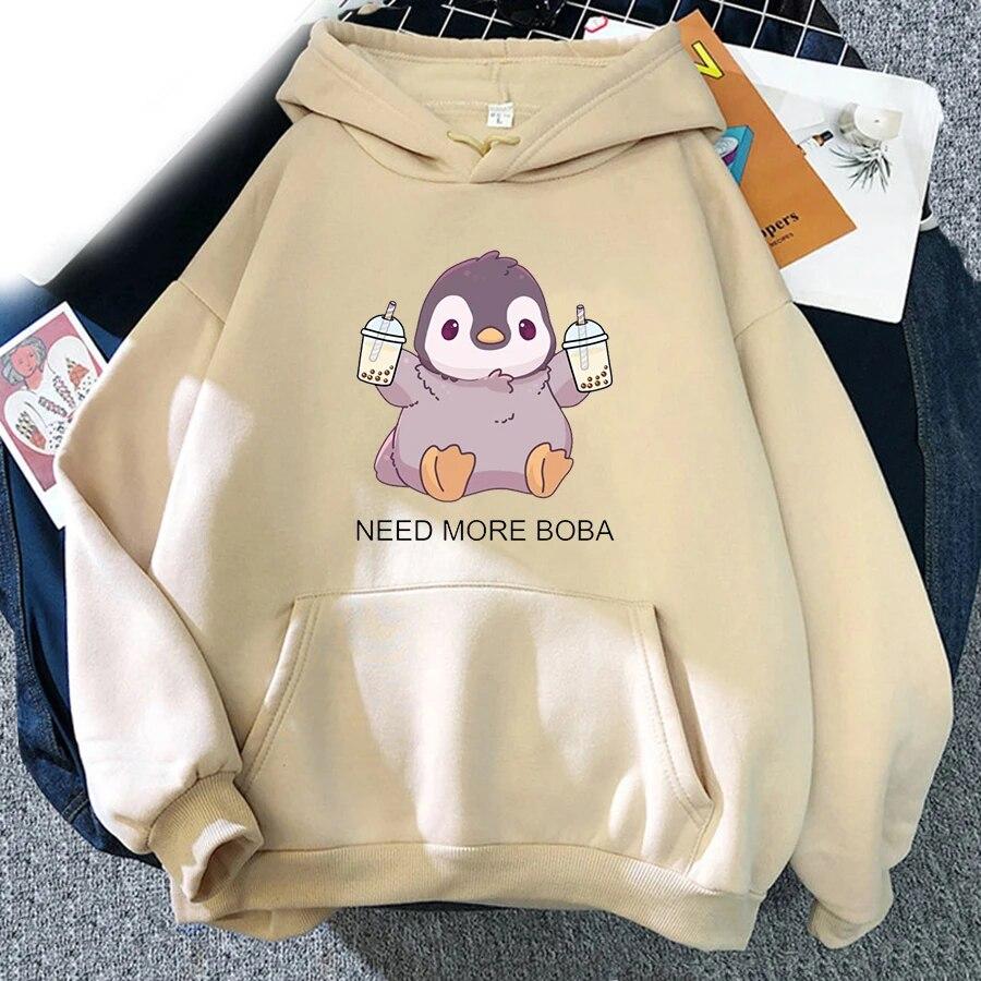 Cute Penguin Boba Tea Print Hoodies Unisex Women Streetwear Hoodie Oversized Hooded Sweatshirts Pullover Unisex Tracksuit Clothing
