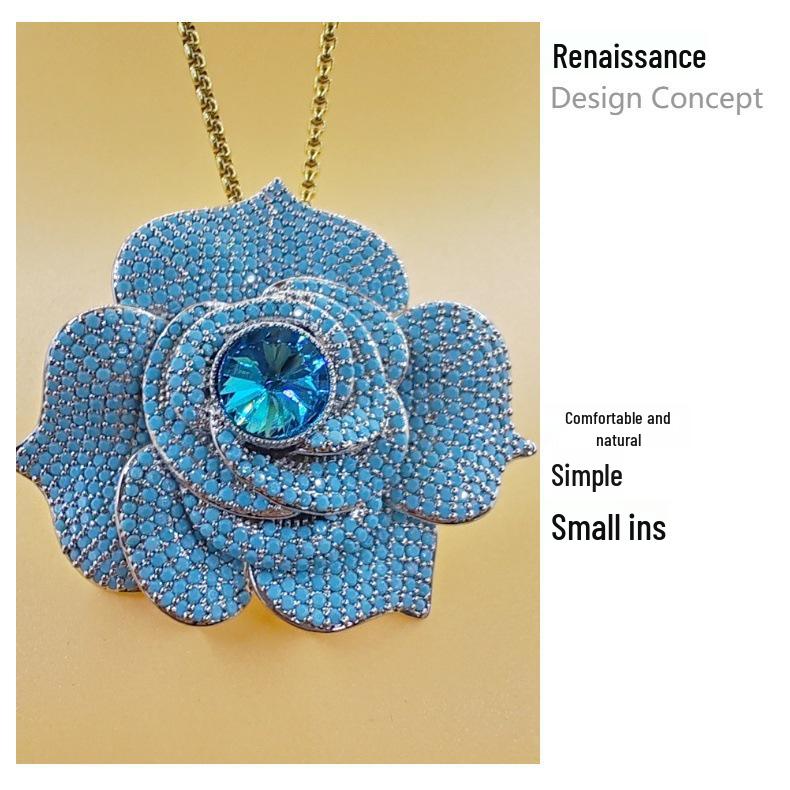 Chinese Camellia Brooch with Turquoise, High-End Corsage Sweater Chain, Women's Fashion Accessory