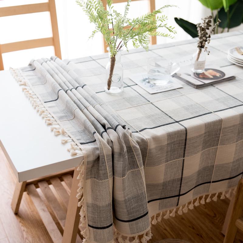 Nordic Fresh Style Imitation Cotton Linen Embroidery Plaid Tablecloth for Coffee and Dining Tables