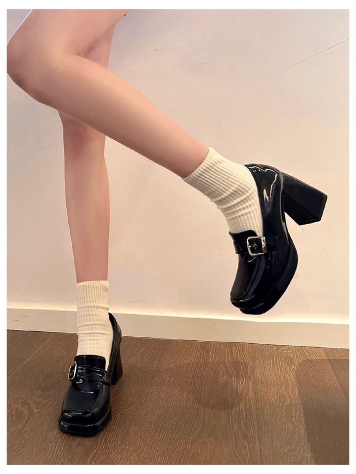 Not tired feet! Loafers 2025 spring square head thick heel metal buckle one pedal patent leather black belt buckle high heels