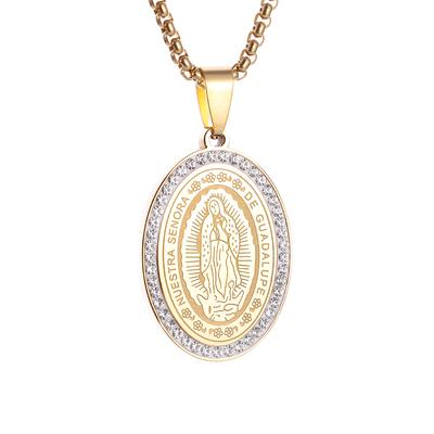 Jungfrau Maria Medaillon Anhänger Edelstahl Eingelegt Zirkonia Halskette für Männer Frauen Kirchenkleidung Gebets Schmuck Geschenk