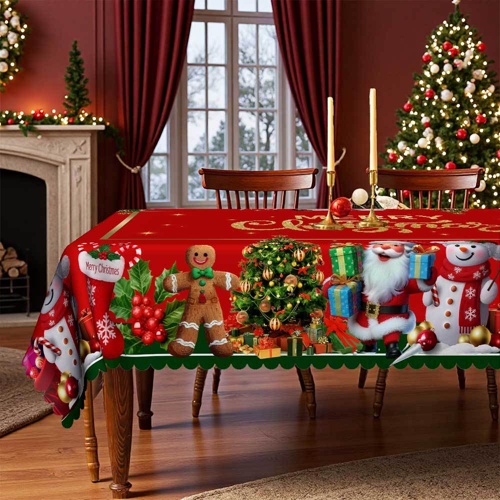 Christmas Round Tablecloth Cartoon, Santa Claus Gingerbread Man Snowman Print, European Table Cloth Restaurant Decoration