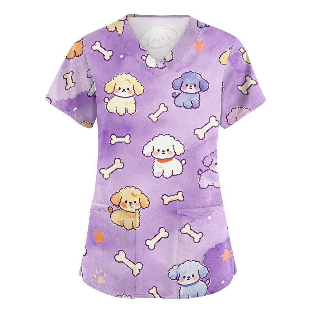 Women's V Neck Short Sleeve Work Top with Pockets Animal Print Medical Scrub Shirt for Healthcare Professionals Comfortable Fit