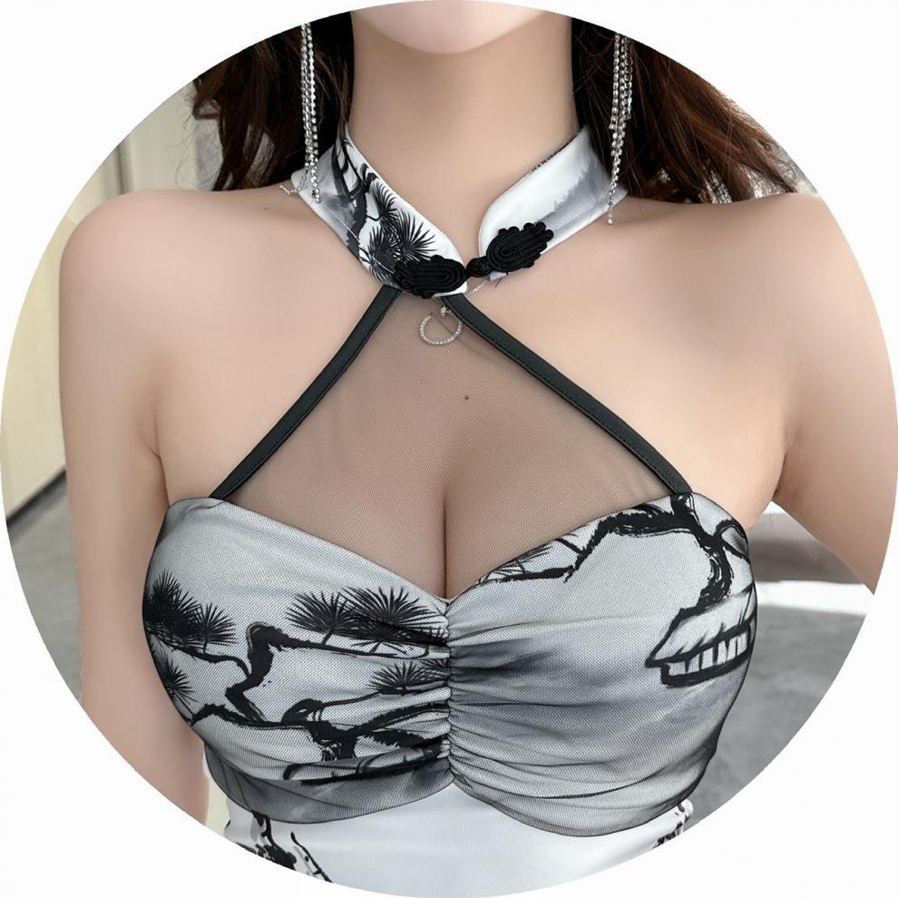 Chinese Style Sexy Mesh Halter Cheongsam Bodycon Dress