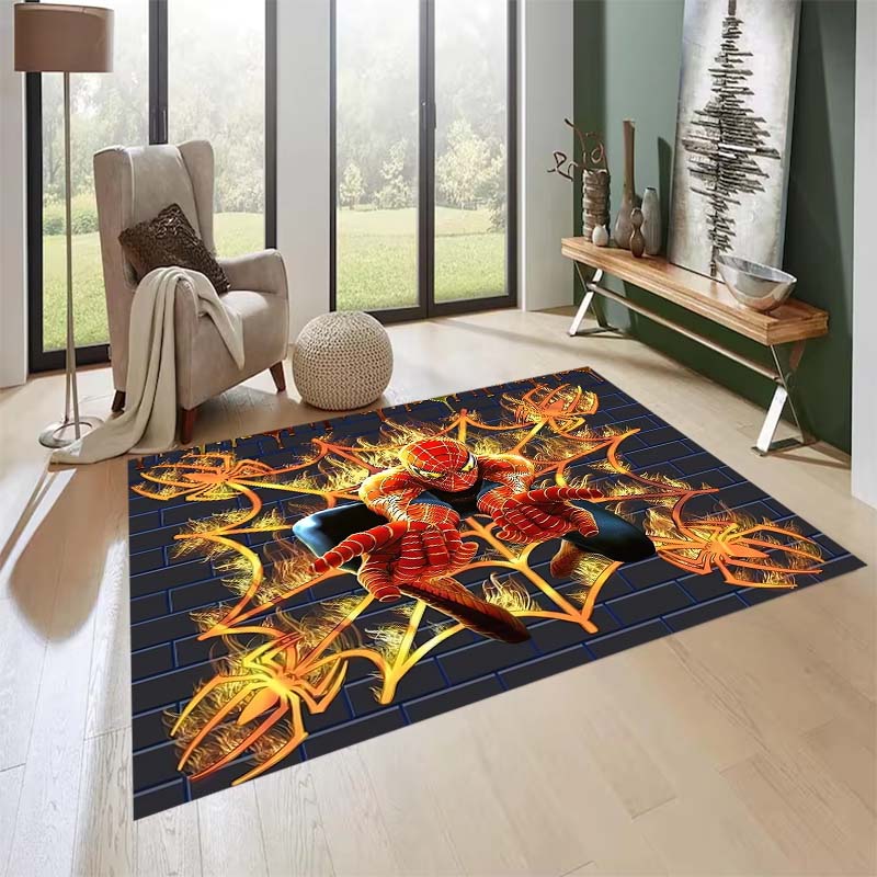 New custom-designed, cool Spider-Man rugs are available for your entryway, bathroom, and bedroom – featuring a spiderweb pattern
