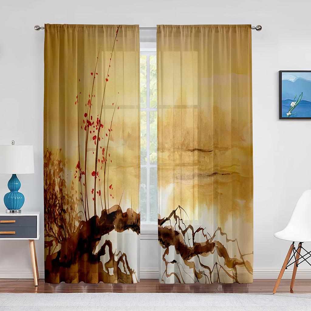 Birds On Branch Cherry Blossom Ink Painting Tulle Voile Curtains for Bedroom Window Curtain for Living Room Sheer Curtain Drapes
