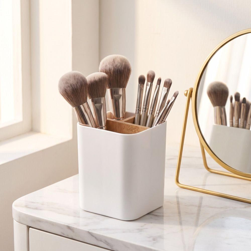 Simple Bamboo Divided Pencil Storage Box Plastic Organizer Makeup Brush Holder Large Capacity Flower Vase School