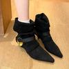 2025 New Style Slimming Versatile Fashionable and Simple Irregular-shaped Metal Buckle Pointed-toe Thin-heeled Short Boots