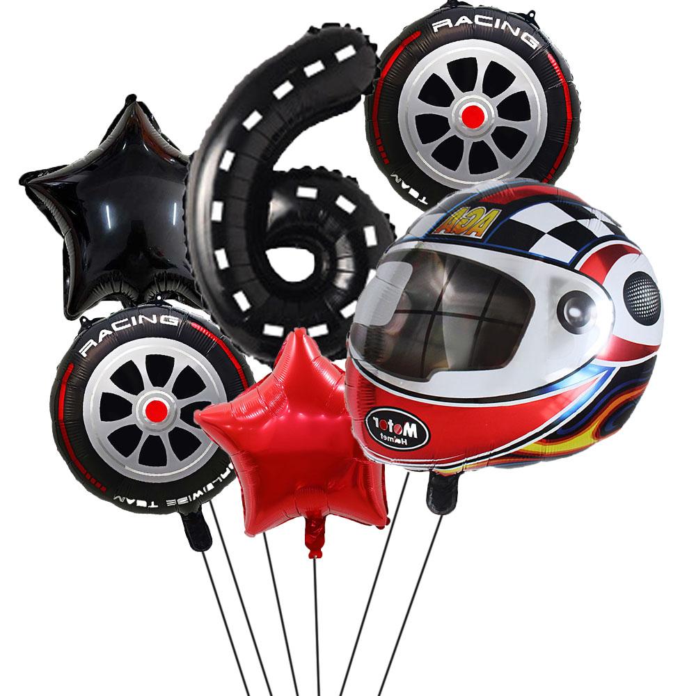 6PCS Motor Helmet Balloon Wheel Tire Racing Balloons Birthday Decor Boys Race Car Dirt Bike Motorcross Hot Wheel Party Supplies