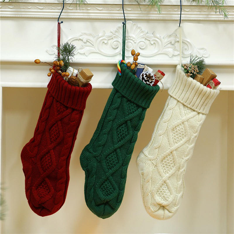 Fashion Cable Knit Christmas Stockings Solid Color Classic Hanging Gift Candy Stocking for Fireplace Xmas Tree