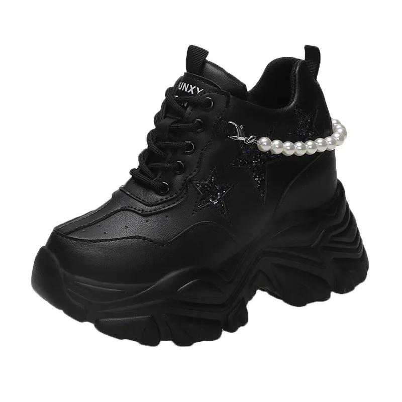 

7cm Shiny Sequins Chunky Platform Sneakers Women Breathable Lace Up Height Increase Shoes Woman Fashion Pearl White Sneakers 34 чорний