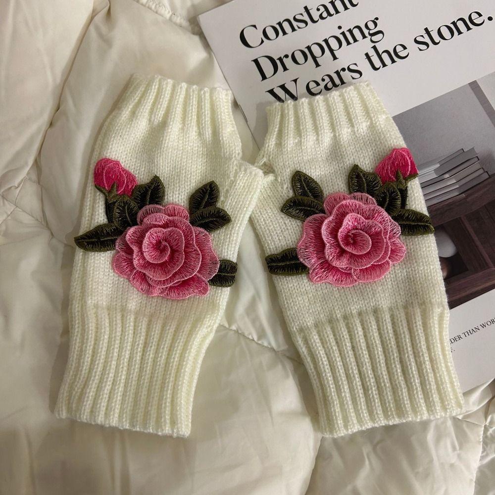 Floral Embroidery Knitted Gloves Vintage Fingerless Gloves All-Match Winter Wool Gloves Outdoor