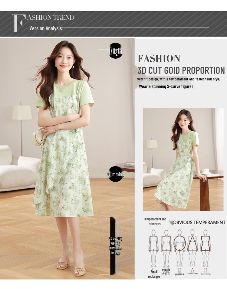 Mint Mambo Green Floral Two-Piece French Style Slim Waist Summer Dress