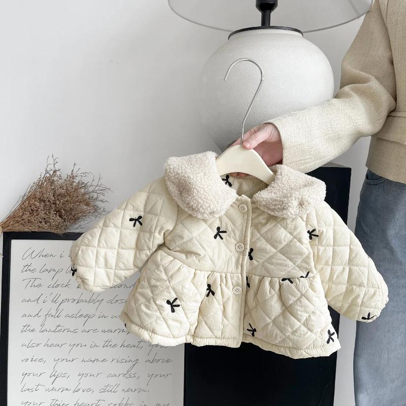 Winter Baby Girls Fleece Warm Coat Infant Padded Jacket Velvet Thick Toddler Bow Embroidery Cardigan
