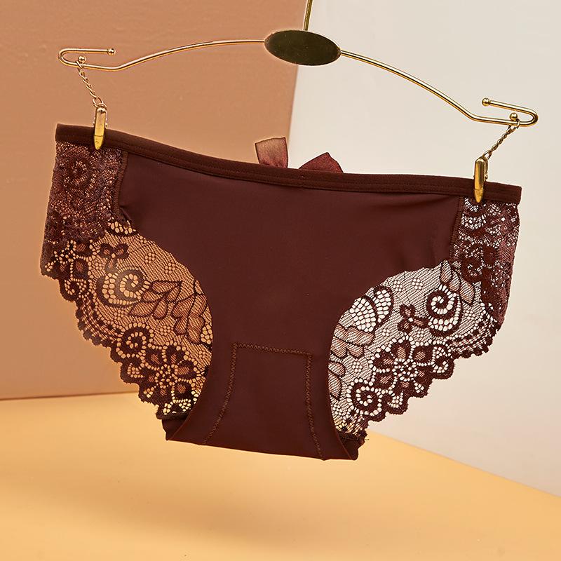 Women's Printed Ice Silk Underwear with No Trace Low Waist Bow Hollow Lace Triangle Pants