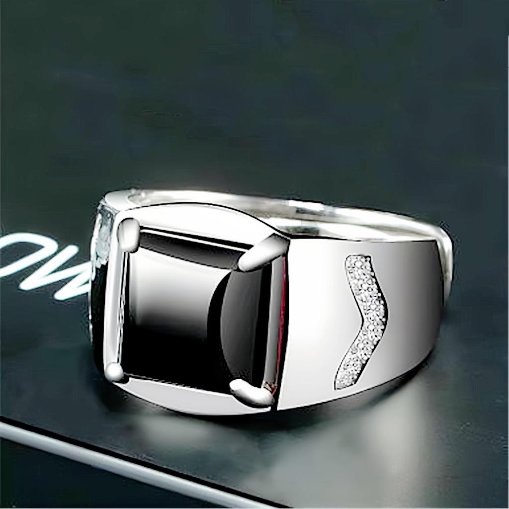 Men's Adjustable Black Agate Square Ring with Black Diamond - Korean Style and Smooth Finish