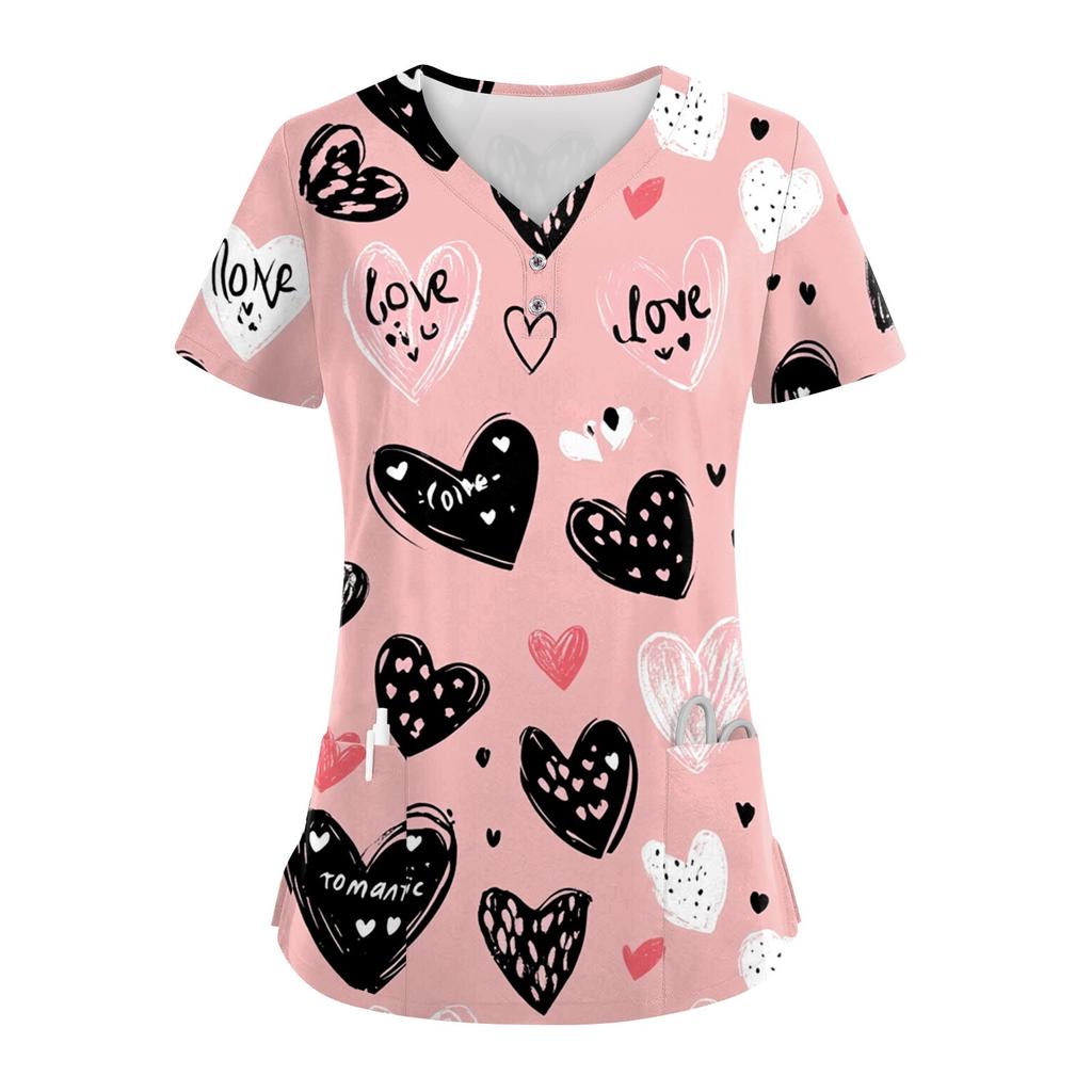 Damen-Oberteil mit Knopfleiste und V-Ausschnitt, modisch, lässig, mit Weihnachts- und Valentinstags-Print, Top für Krankenschwestern, Kasacks für Damen, 2 Taschen