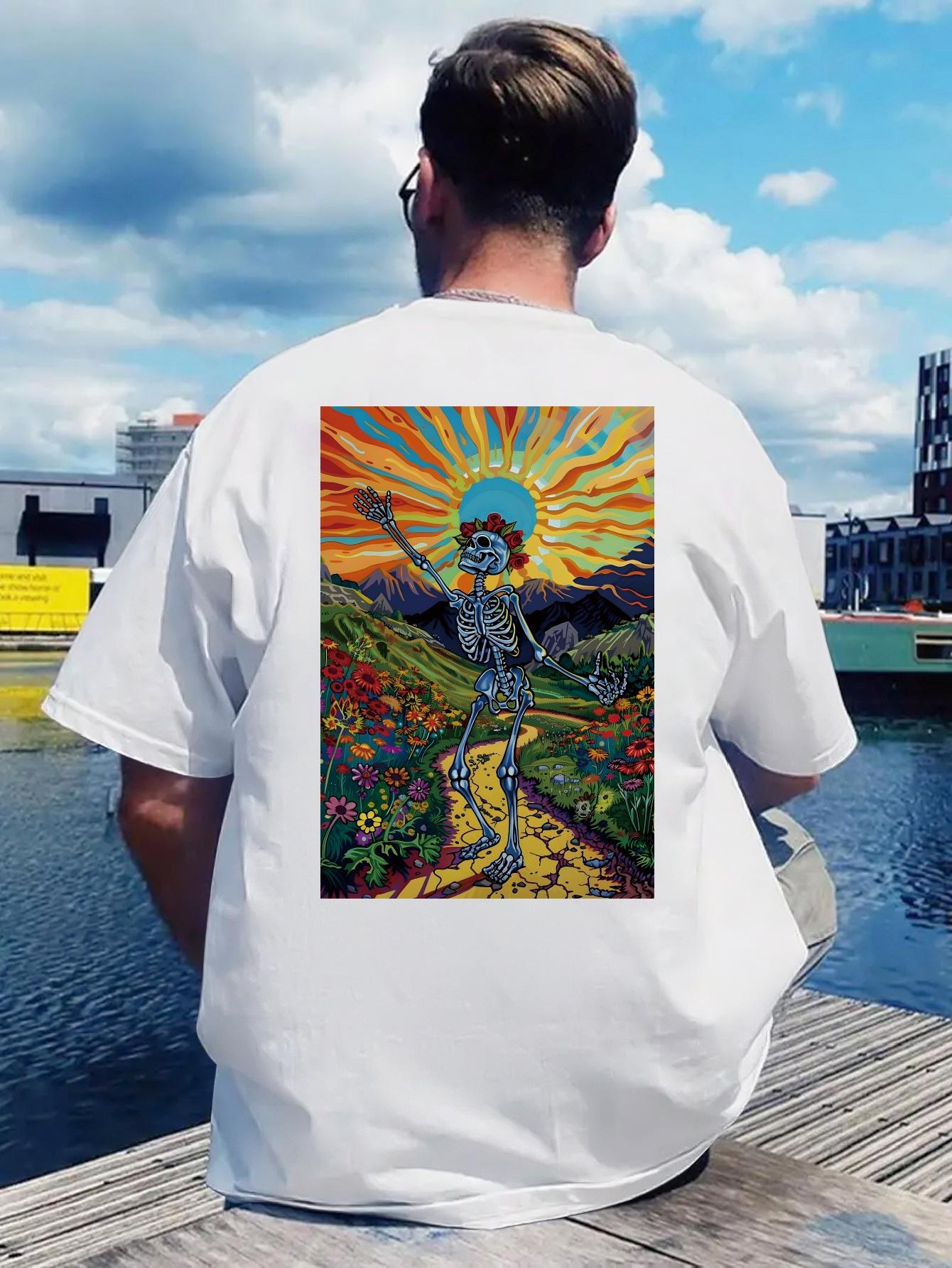 Retro Rock Band Graphic T-shirt - Vibrant Sunset & Skeleton Design XXXXL