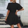 Damen Kurzarm V-Ausschnitt Midi-Kleid mit Taillenfalten und ausgestelltem Rock für Freizeit oder Outfits