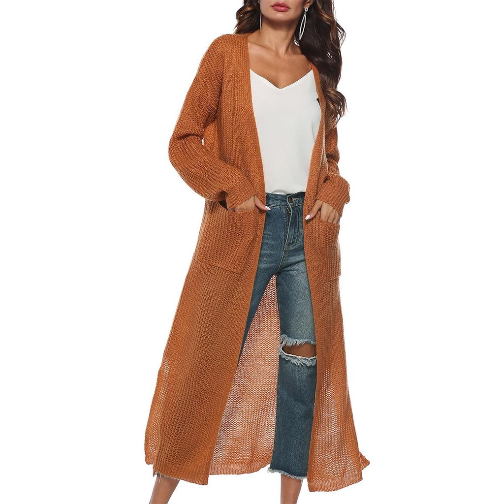 Women's Fashion Casual Button  Solid Color Big Pocket Cardigan Sweater Long Thin Coat