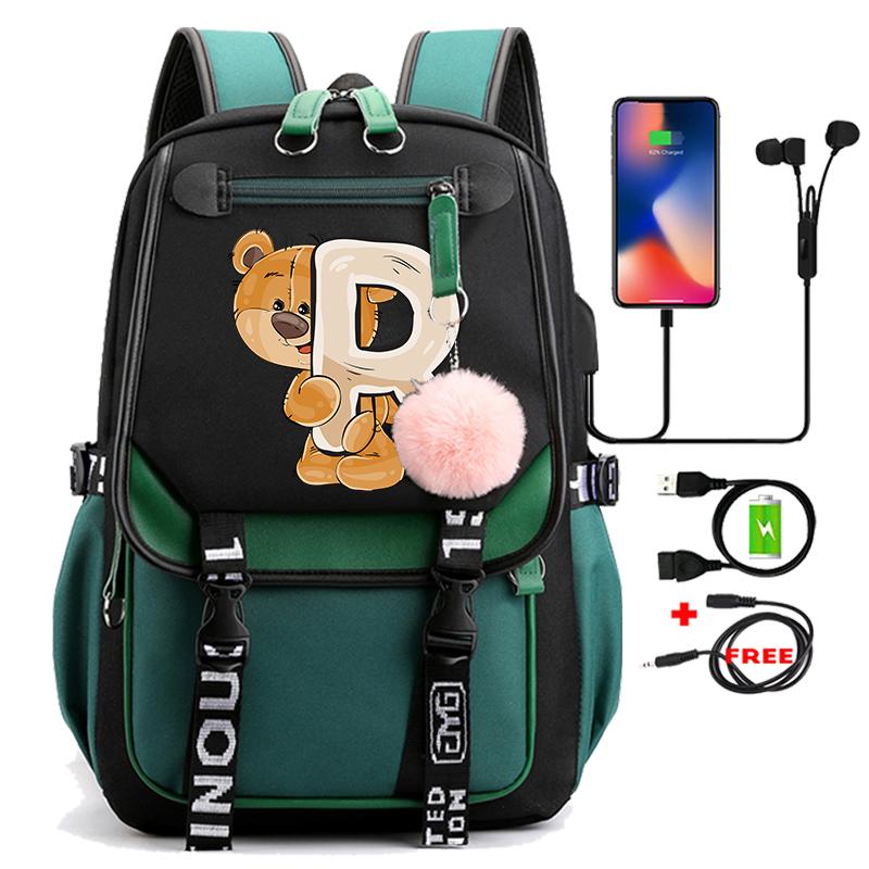 Lovely Little Bear 26 English Letters Student School Bag Backpack Outdoor Teenage Girl Cartoon Bookbag Laptop Travel Rucksack