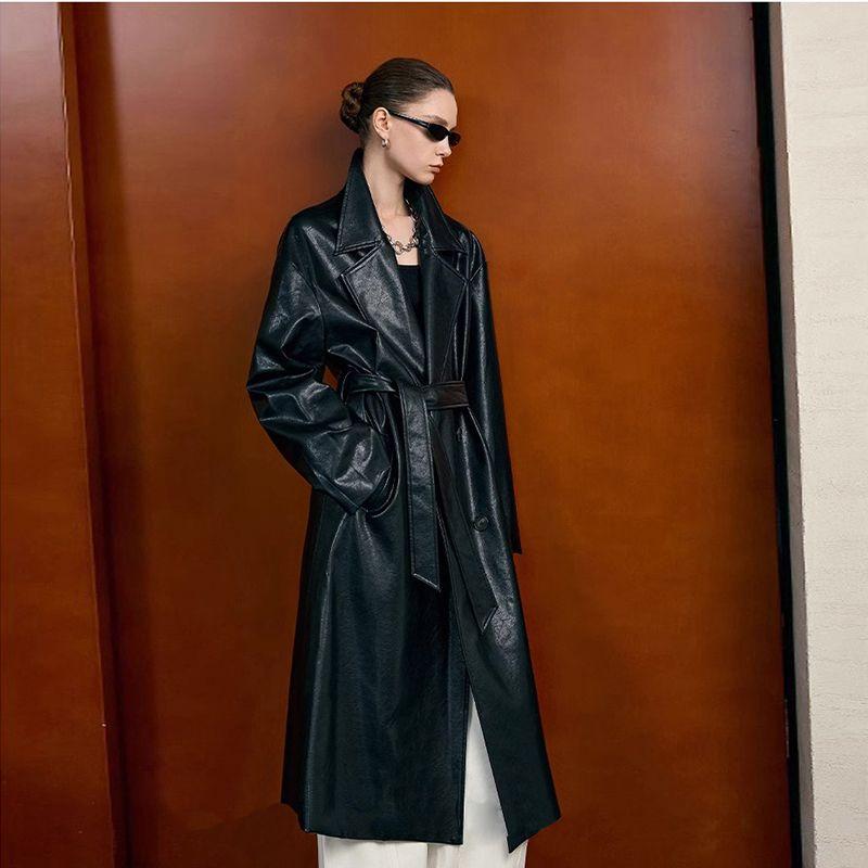 

2025 Fall and Winter New Arrival Retro Distressed Fancy PU Leather Trench Coat Long Loose Overknee Shoelace Leather Coat Women Black S