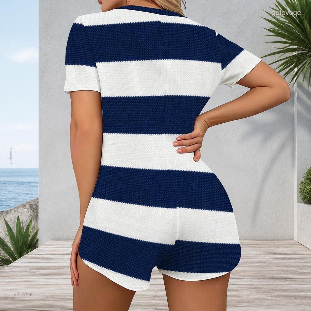 Women Plus Size Blue White Striped Printed V Neck Short Sleeve Button Front Fitted Romper Shorts