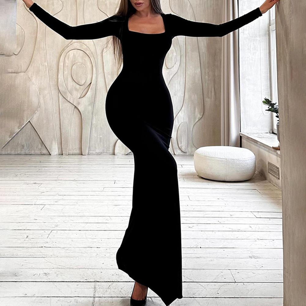 2026 Autumn/Winter Women's Slim Lace-up Square Neck Long Sleeve Evening Dress