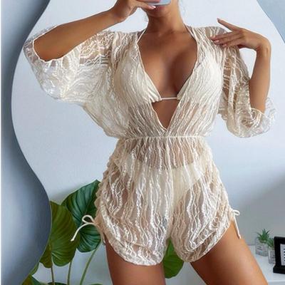 2026 Siateczkowy Body z Długim Rękawem i Bikini z Wysokim Stanem na Sznurki - Trzyczęściowy Zestaw Ochrony Przeciwsłonecznej w Stylu Europejskim i Amerykańskim