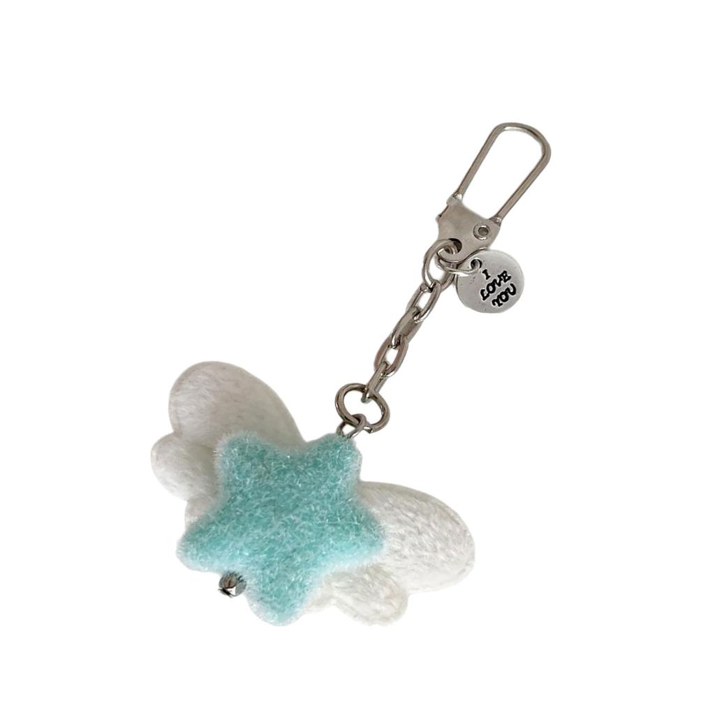 Fuzzy Flocking Star Keychain with Angel Wing Pendant Soft Stylish Fashionable Accessory For Phone Keys Bag Gift
