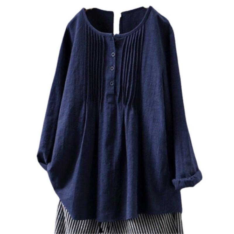 Available: Women's Long-Sleeve Pleated Round Neck Plus Size Shirt in Loose Cotton and Linen, All Colors and Sizes.