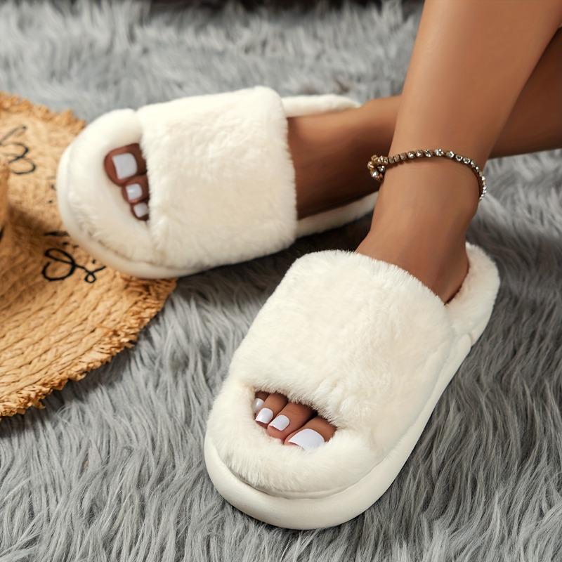 Cozy Fluffy Faux Furry House Slippers Single Band Open Toe Platform Fuzzy Shoes Comfy Warm Home Slippers