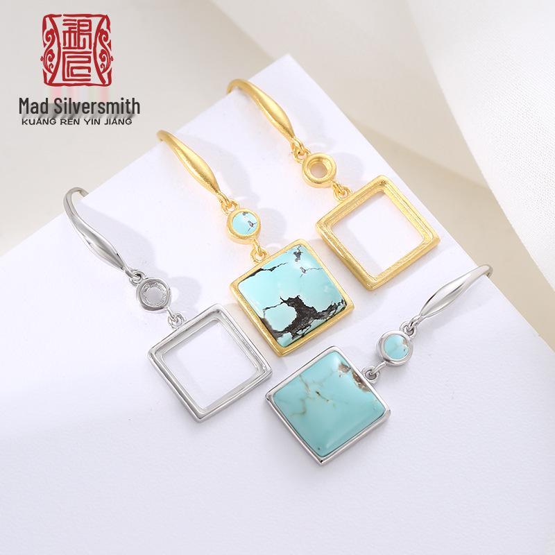 

Ancient Method 925 Sterling Silver Earring Blanks for Women - Square Stud & Dangle Settings with Amber & Turquoise Ear Hooks